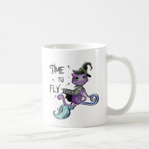 Cute Flying Witch Cat Time To Fly Coffee Mug