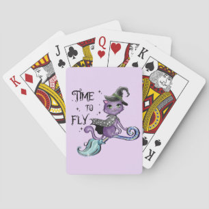Cute Flying Witch Cat Time To Fly Playing Cards
