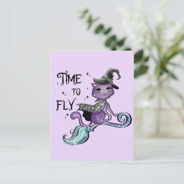 Cute Flying Witch Cat | Time To Fly Postcard (Standing Front)