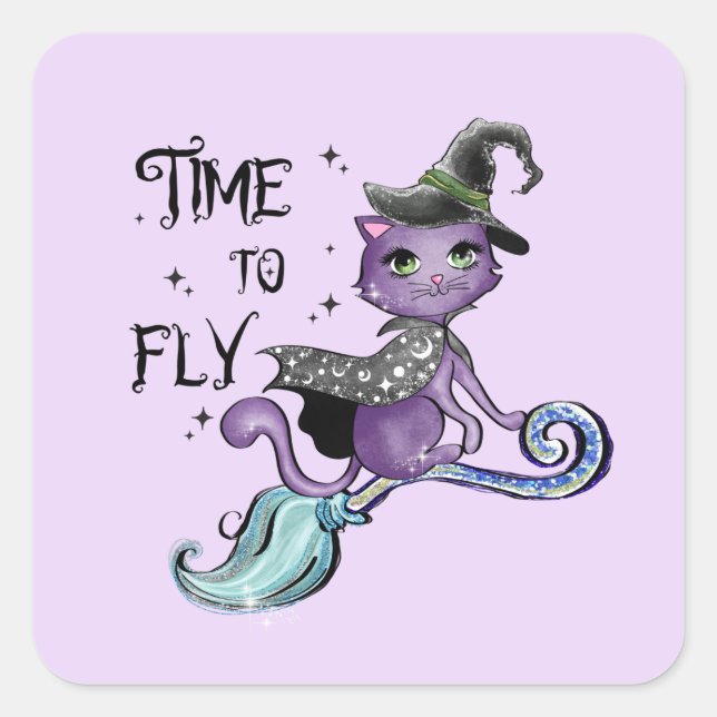 Cute Flying Witch Cat | Time To Fly Square Sticker (Front)