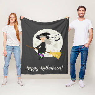 Cute Flying Witch Girl Halloween Illustration Fleece Blanket