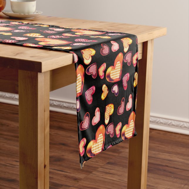 Cute Foil Textured Heart Plaid Pattern Black Short Table Runner (In Situ)