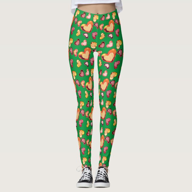 Cute Foil Textured Heart Plaid Pattern Green Leggings (Front)