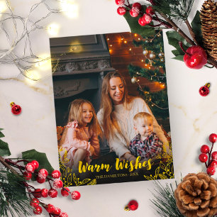 Cute Foliage Gold Foil Warm Wishes Photo Christmas Postcard