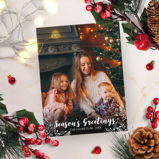 Cute Foliage White Script Photo Christmas Postcard (Creator Uploaded)