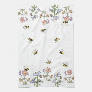 Cute Folk Art Bees Daisies Butterflies Tea Towel