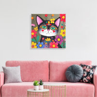 Cute Folk Art Black Cat and Flowers