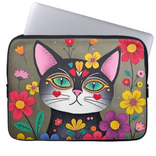 Cute Folk Art Black Cat and Flowers Laptop Sleeve
