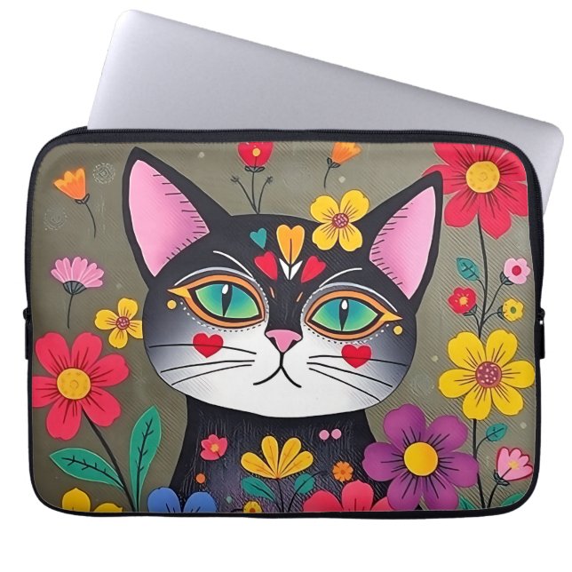 Cute Folk Art Black Cat and Flowers Laptop Sleeve (Front)