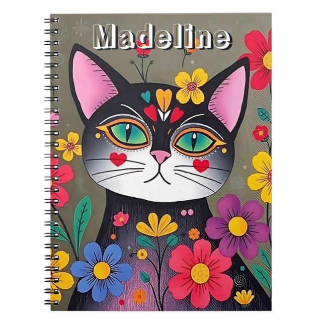 Cute Folk Art Black Cat and Flowers Personalised Notebook (Front)