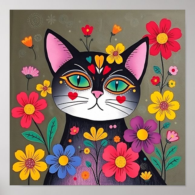 Cute Folk Art Black Cat and Flowers Poster (Front)