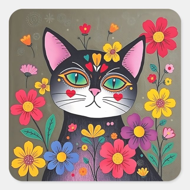 Cute Folk Art Black Cat and Flowers Square Sticker (Front)