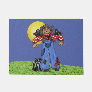 Cute Folk Art Blue Jeans Scarecrow Crows Halloween Doormat