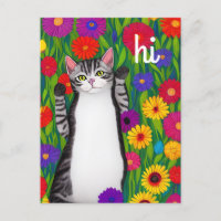 Cute Folk Art Cat saying Hi among Flowers