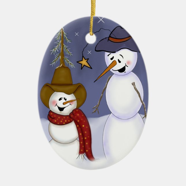 Cute Folk Art Cowboy Snowman Ceramic Tree Decoration (Front)