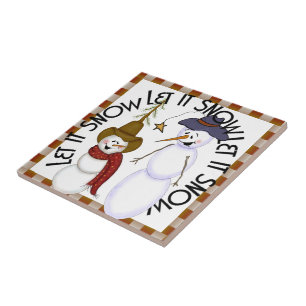 Cute Folk Art Cowboy Snowman Christmas Ceramic Tile