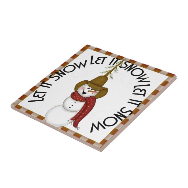 Cute Folk Art Cowboy Snowman Christmas Ceramic Tile (Side)