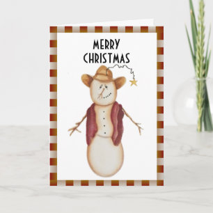Cute Folk Art Cowboy Snowman Christmas Holiday Card