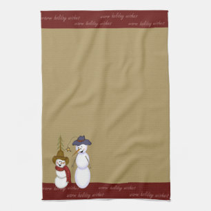 Cute Folk Art Cowboy Snowman Christmas Tea Towel