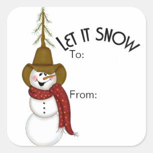 Cute Folk Art Cowboy Snowman Square Sticker