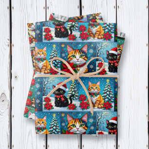 Cute Folk Art Impasto Cat Festive Christmas Wrapping Paper Sheet