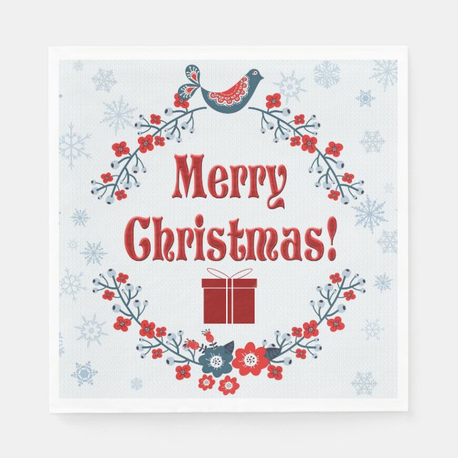 Cute Folk Art Merry Christmas Wreath Napkin (Front)