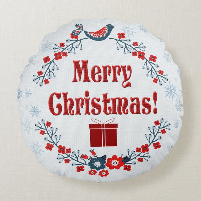 Cute Folk Art Merry Christmas Wreath Round Cushion (Front)