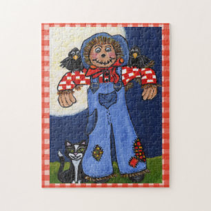 Cute Folk Art Scarerow Cat Crows on Plaid Jigsaw Puzzle