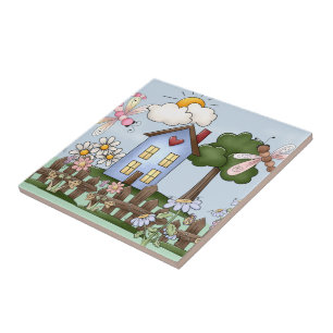Cute Folk Country House and Picket Fence Art Ceramic Tile