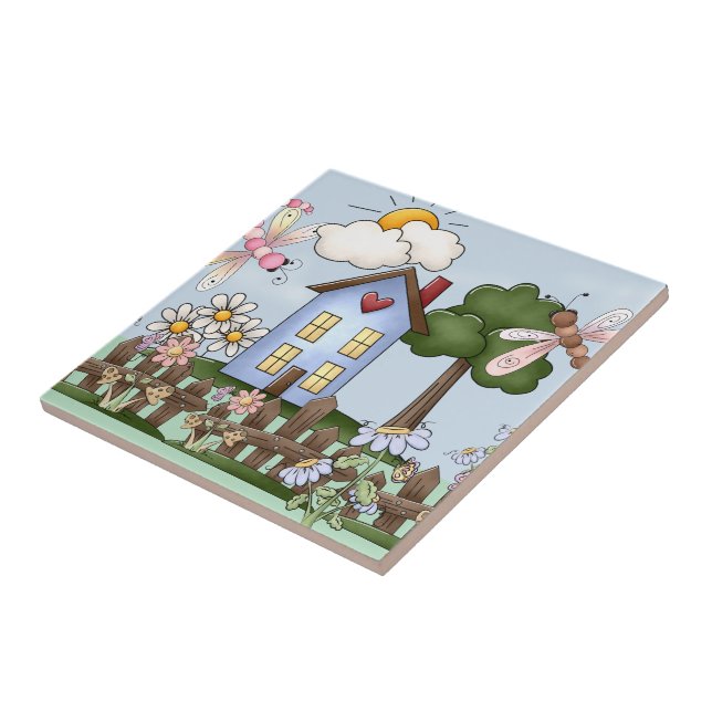 Cute Folk Country House and Picket Fence Art Ceramic Tile (Side)