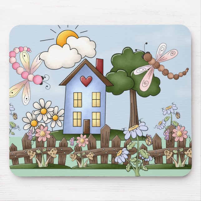 Cute Folk Country House and Picket Fence Art Mouse Pad (Front)