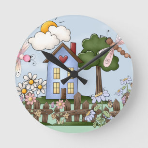 Cute Folk Dragonflies Flowers Blue House Round Clock