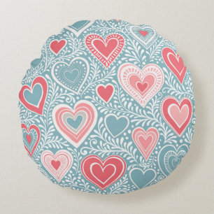 Cute Folk Floral Heart Dusty Blue Blush Pink Girl Round Cushion