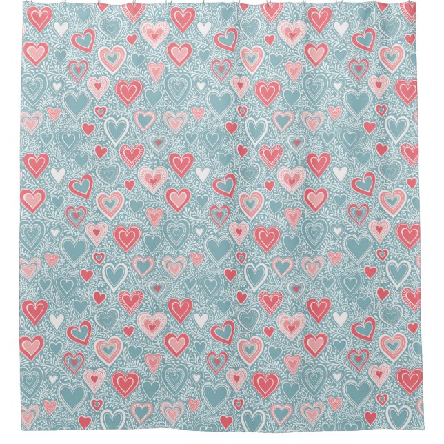  Cute Folk Floral Heart Dusty Blue Blush Pink Girl Shower Curtain (Front)
