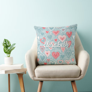  Cute Folk Floral Heart Dusty Blue Blush Pink Name Cushion
