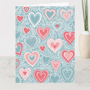 Cute Folk Floral Heart Dusty Blue Pink Baby Shower Card
