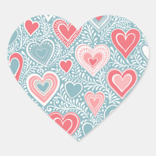 Cute Folk Floral Heart Dusty Blue Pink Baby Shower Heart Sticker
