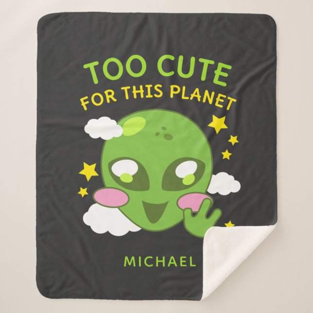 Cute for This Planet Fun Alien Personalised Name Sherpa Blanket (Front)