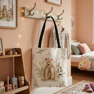Cute forest animal bear illustration tote bag 