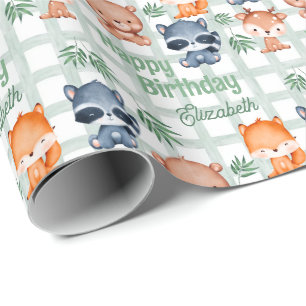 Cute Forest Animal Mint Checkered Kids Birthday Wrapping Paper