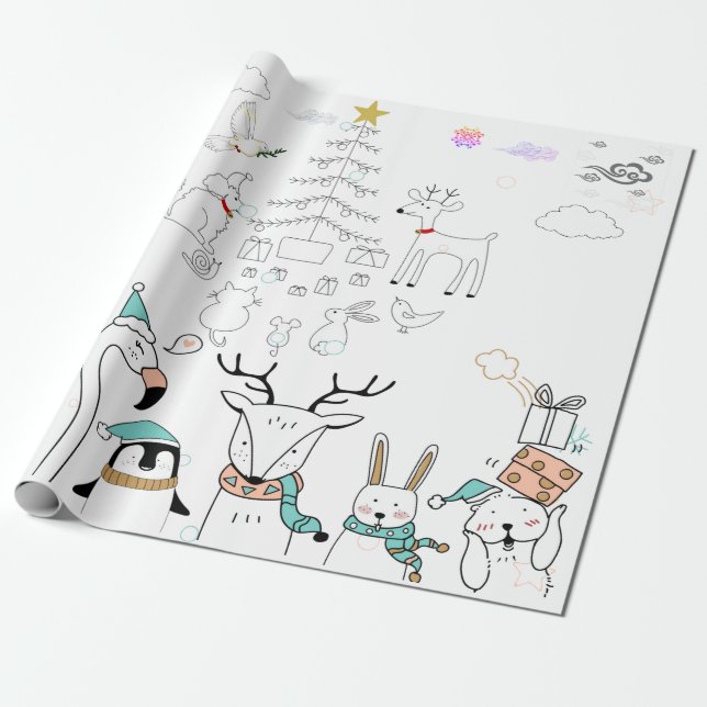 CUTE FOREST ANIMALS AT CHRISTMAS Wrapping Paper (Unrolled)