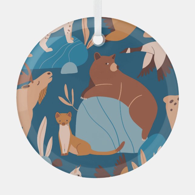 Cute forest animals, dark seamless design. glass tree decoration (Front)