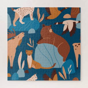 Cute forest animals, dark seamless design. jigsaw puzzle