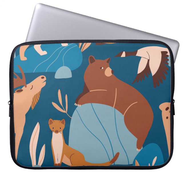 Cute forest animals, dark seamless design. laptop sleeve (Front)
