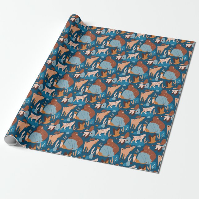 Cute forest animals, dark seamless design. wrapping paper (Unrolled)