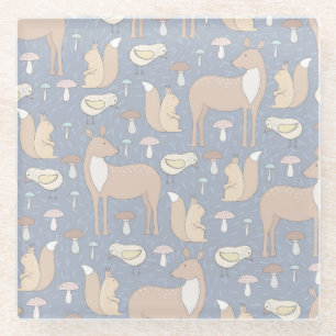 Cute Forest Animals Deer Squirrel Chick Mushrooms Glass Coaster