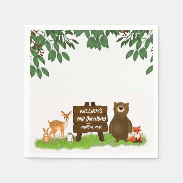 Cute Forest Animals Happy Woodland Kid's Birthday Napkin (Front)
