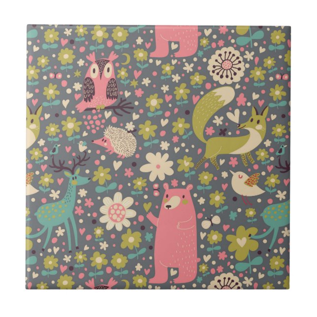 Cute Forest Animals Pattern Ceramic Tile (Front)