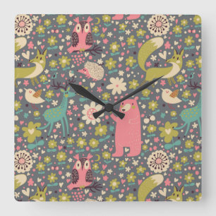 Cute Forest Animals Pattern Square Wall Clock