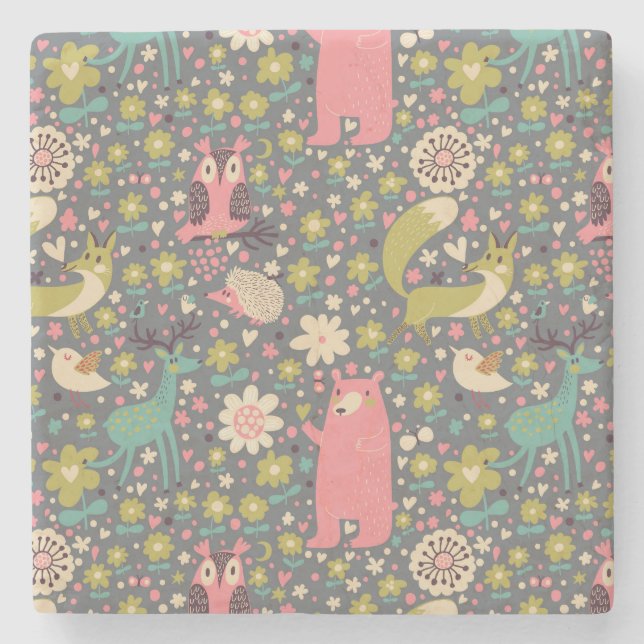 Cute Forest Animals Pattern Stone Coaster (Front)